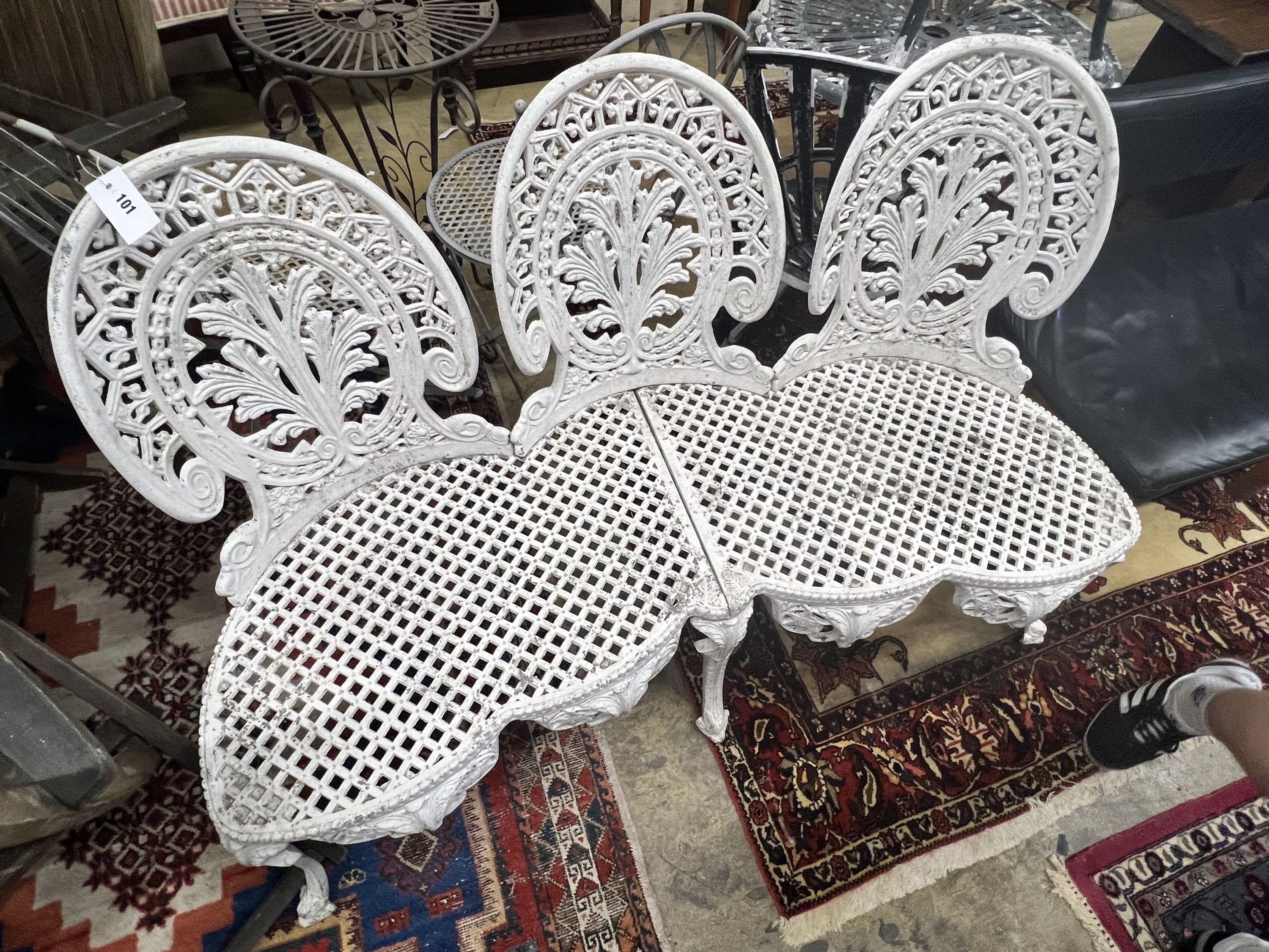 A painted aluminium triple chair back garden seat, 132 x 48cm height 88cm